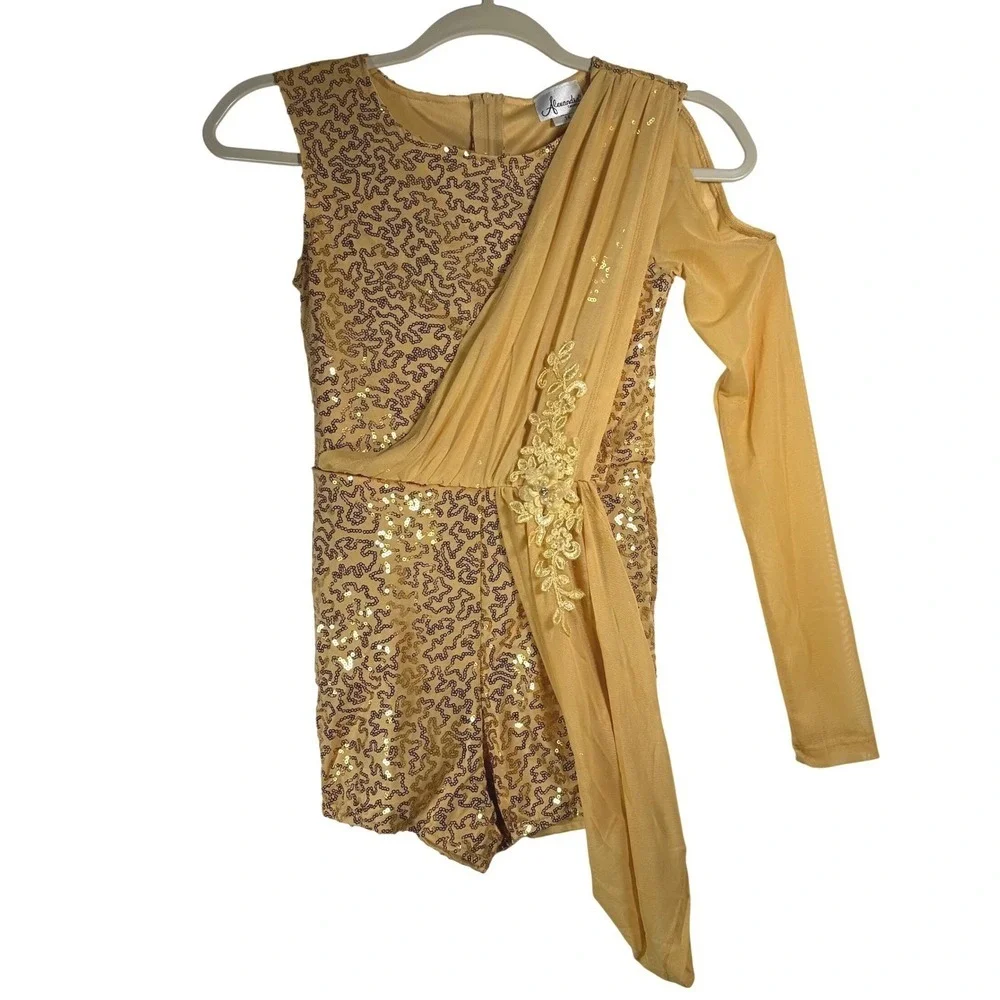 Alexandra Collection Gold Sequin Dance Romper One Sleeve Costume Girls 14